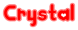 The image is a red and white graphic with the word Crystal written in a decorative script. Each letter in  is contained within its own outlined bubble-like shape. Inside each letter, there is a white heart symbol.