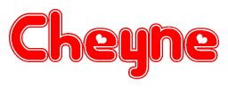 The image is a red and white graphic with the word Cheyne written in a decorative script. Each letter in  is contained within its own outlined bubble-like shape. Inside each letter, there is a white heart symbol.