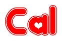 The image is a red and white graphic with the word Cal written in a decorative script. Each letter in  is contained within its own outlined bubble-like shape. Inside each letter, there is a white heart symbol.