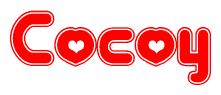 The image is a clipart featuring the word Cocoy written in a stylized font with a heart shape replacing inserted into the center of each letter. The color scheme of the text and hearts is red with a light outline.