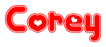 The image is a clipart featuring the word Corey written in a stylized font with a heart shape replacing inserted into the center of each letter. The color scheme of the text and hearts is red with a light outline.