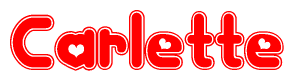 The image is a red and white graphic with the word Carlette written in a decorative script. Each letter in  is contained within its own outlined bubble-like shape. Inside each letter, there is a white heart symbol.