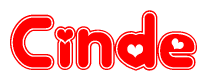 The image is a red and white graphic with the word Cinde written in a decorative script. Each letter in  is contained within its own outlined bubble-like shape. Inside each letter, there is a white heart symbol.