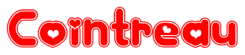 The image is a red and white graphic with the word Cointreau written in a decorative script. Each letter in  is contained within its own outlined bubble-like shape. Inside each letter, there is a white heart symbol.