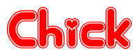 The image is a red and white graphic with the word Chick written in a decorative script. Each letter in  is contained within its own outlined bubble-like shape. Inside each letter, there is a white heart symbol.