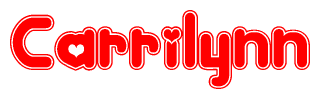 The image is a red and white graphic with the word Carrilynn written in a decorative script. Each letter in  is contained within its own outlined bubble-like shape. Inside each letter, there is a white heart symbol.