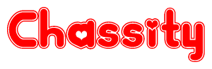 The image is a red and white graphic with the word Chassity written in a decorative script. Each letter in  is contained within its own outlined bubble-like shape. Inside each letter, there is a white heart symbol.