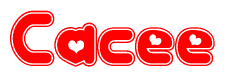 The image is a clipart featuring the word Cacee written in a stylized font with a heart shape replacing inserted into the center of each letter. The color scheme of the text and hearts is red with a light outline.