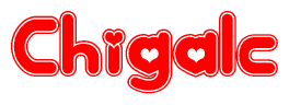 The image is a red and white graphic with the word Chigalc written in a decorative script. Each letter in  is contained within its own outlined bubble-like shape. Inside each letter, there is a white heart symbol.