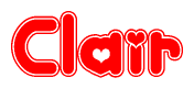 The image is a red and white graphic with the word Clair written in a decorative script. Each letter in  is contained within its own outlined bubble-like shape. Inside each letter, there is a white heart symbol.