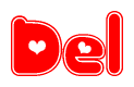 The image is a clipart featuring the word Del written in a stylized font with a heart shape replacing inserted into the center of each letter. The color scheme of the text and hearts is red with a light outline.