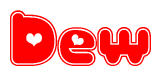 The image displays the word Dew written in a stylized red font with hearts inside the letters.