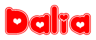 The image is a red and white graphic with the word Dalia written in a decorative script. Each letter in  is contained within its own outlined bubble-like shape. Inside each letter, there is a white heart symbol.