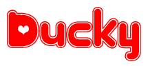 The image is a clipart featuring the word Ducky written in a stylized font with a heart shape replacing inserted into the center of each letter. The color scheme of the text and hearts is red with a light outline.