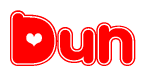 The image is a clipart featuring the word Dun written in a stylized font with a heart shape replacing inserted into the center of each letter. The color scheme of the text and hearts is red with a light outline.