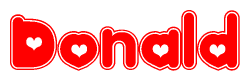 The image is a red and white graphic with the word Donald written in a decorative script. Each letter in  is contained within its own outlined bubble-like shape. Inside each letter, there is a white heart symbol.