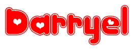 The image is a red and white graphic with the word Darryel written in a decorative script. Each letter in  is contained within its own outlined bubble-like shape. Inside each letter, there is a white heart symbol.