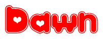 The image displays the word Dawn written in a stylized red font with hearts inside the letters.