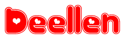 The image is a red and white graphic with the word Deellen written in a decorative script. Each letter in  is contained within its own outlined bubble-like shape. Inside each letter, there is a white heart symbol.