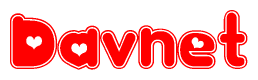 The image is a red and white graphic with the word Davnet written in a decorative script. Each letter in  is contained within its own outlined bubble-like shape. Inside each letter, there is a white heart symbol.