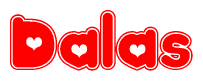 The image is a clipart featuring the word Dalas written in a stylized font with a heart shape replacing inserted into the center of each letter. The color scheme of the text and hearts is red with a light outline.