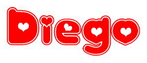 The image displays the word Diego written in a stylized red font with hearts inside the letters.