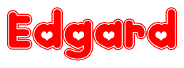 The image is a red and white graphic with the word Edgard written in a decorative script. Each letter in  is contained within its own outlined bubble-like shape. Inside each letter, there is a white heart symbol.