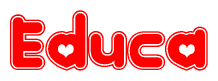 The image is a red and white graphic with the word Educa written in a decorative script. Each letter in  is contained within its own outlined bubble-like shape. Inside each letter, there is a white heart symbol.