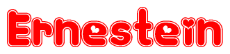 The image is a red and white graphic with the word Ernestein written in a decorative script. Each letter in  is contained within its own outlined bubble-like shape. Inside each letter, there is a white heart symbol.