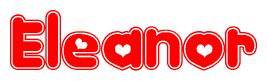 The image is a red and white graphic with the word Eleanor written in a decorative script. Each letter in  is contained within its own outlined bubble-like shape. Inside each letter, there is a white heart symbol.