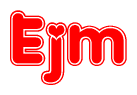 The image is a red and white graphic with the word Ejm written in a decorative script. Each letter in  is contained within its own outlined bubble-like shape. Inside each letter, there is a white heart symbol.