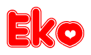 The image is a clipart featuring the word Eko written in a stylized font with a heart shape replacing inserted into the center of each letter. The color scheme of the text and hearts is red with a light outline.