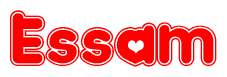 The image is a clipart featuring the word Essam written in a stylized font with a heart shape replacing inserted into the center of each letter. The color scheme of the text and hearts is red with a light outline.