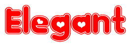 The image is a red and white graphic with the word Elegant written in a decorative script. Each letter in  is contained within its own outlined bubble-like shape. Inside each letter, there is a white heart symbol.