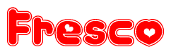 The image is a clipart featuring the word Fresco written in a stylized font with a heart shape replacing inserted into the center of each letter. The color scheme of the text and hearts is red with a light outline.