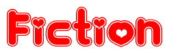 The image is a red and white graphic with the word Fiction written in a decorative script. Each letter in  is contained within its own outlined bubble-like shape. Inside each letter, there is a white heart symbol.