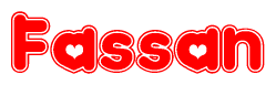 The image is a clipart featuring the word Fassan written in a stylized font with a heart shape replacing inserted into the center of each letter. The color scheme of the text and hearts is red with a light outline.