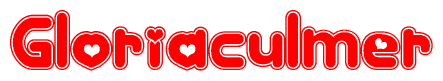 The image is a red and white graphic with the word Gloriaculmer written in a decorative script. Each letter in  is contained within its own outlined bubble-like shape. Inside each letter, there is a white heart symbol.