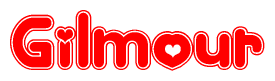 The image displays the word Gilmour written in a stylized red font with hearts inside the letters.