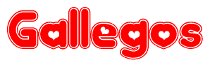 The image is a red and white graphic with the word Gallegos written in a decorative script. Each letter in  is contained within its own outlined bubble-like shape. Inside each letter, there is a white heart symbol.