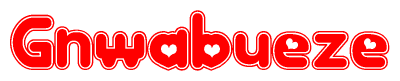 The image is a red and white graphic with the word Gnwabueze written in a decorative script. Each letter in  is contained within its own outlined bubble-like shape. Inside each letter, there is a white heart symbol.