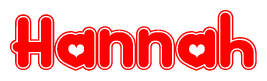 The image is a red and white graphic with the word Hannah written in a decorative script. Each letter in  is contained within its own outlined bubble-like shape. Inside each letter, there is a white heart symbol.