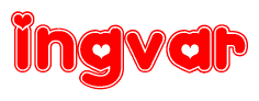 The image is a red and white graphic with the word Ingvar written in a decorative script. Each letter in  is contained within its own outlined bubble-like shape. Inside each letter, there is a white heart symbol.