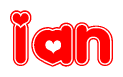 The image is a red and white graphic with the word Ian written in a decorative script. Each letter in  is contained within its own outlined bubble-like shape. Inside each letter, there is a white heart symbol.