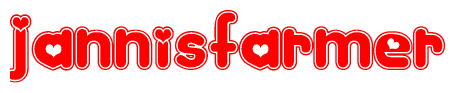 The image is a red and white graphic with the word Jannisfarmer written in a decorative script. Each letter in  is contained within its own outlined bubble-like shape. Inside each letter, there is a white heart symbol.