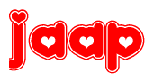 The image is a red and white graphic with the word Jaap written in a decorative script. Each letter in  is contained within its own outlined bubble-like shape. Inside each letter, there is a white heart symbol.
