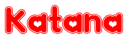 The image is a clipart featuring the word Katana written in a stylized font with a heart shape replacing inserted into the center of each letter. The color scheme of the text and hearts is red with a light outline.