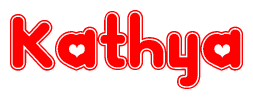 The image is a red and white graphic with the word Kathya written in a decorative script. Each letter in  is contained within its own outlined bubble-like shape. Inside each letter, there is a white heart symbol.