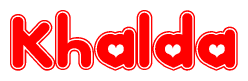 The image is a clipart featuring the word Khalda written in a stylized font with a heart shape replacing inserted into the center of each letter. The color scheme of the text and hearts is red with a light outline.
