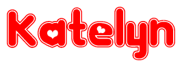 The image is a clipart featuring the word Katelyn written in a stylized font with a heart shape replacing inserted into the center of each letter. The color scheme of the text and hearts is red with a light outline.